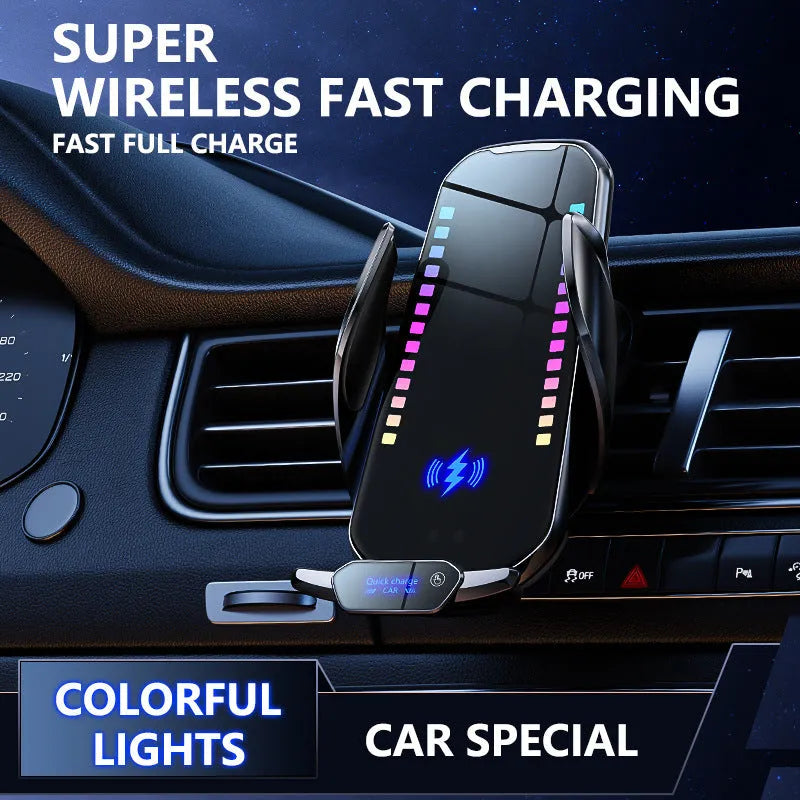 Silver car mobile phone holder with 15W wireless charging and electric clamping on a car dashboard.