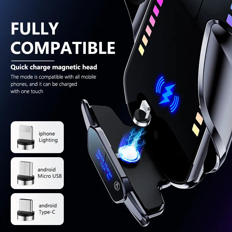 Silver car mobile phone holder with 15W wireless charging and electric clamping on a car dashboard.