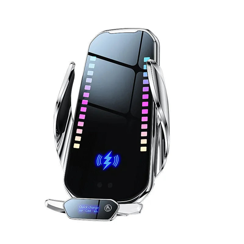 Silver car mobile phone holder with 15W wireless charging and electric clamping on a car dashboard.