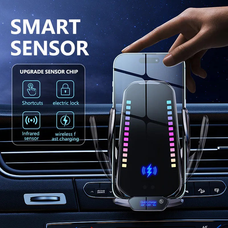 Silver car mobile phone holder with 15W wireless charging and electric clamping on a car dashboard.