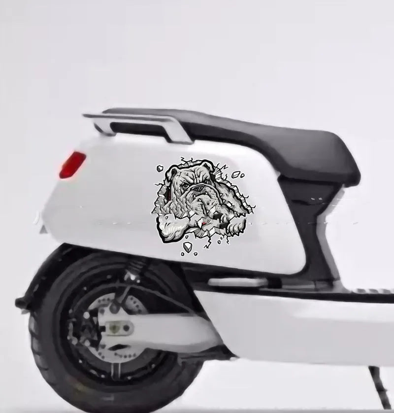 Grey dog design motorcycle decorative sticker with 17cm measurements and customisable size options