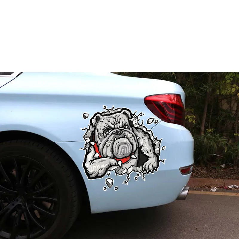 Grey dog design motorcycle decorative sticker with 17cm measurements and customisable size options