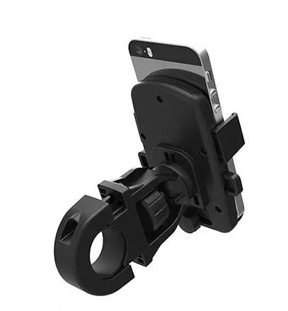 Black ABS plastic bicycle handlebar phone mount with a secondary safety strap for phones up to 5.3 inches.