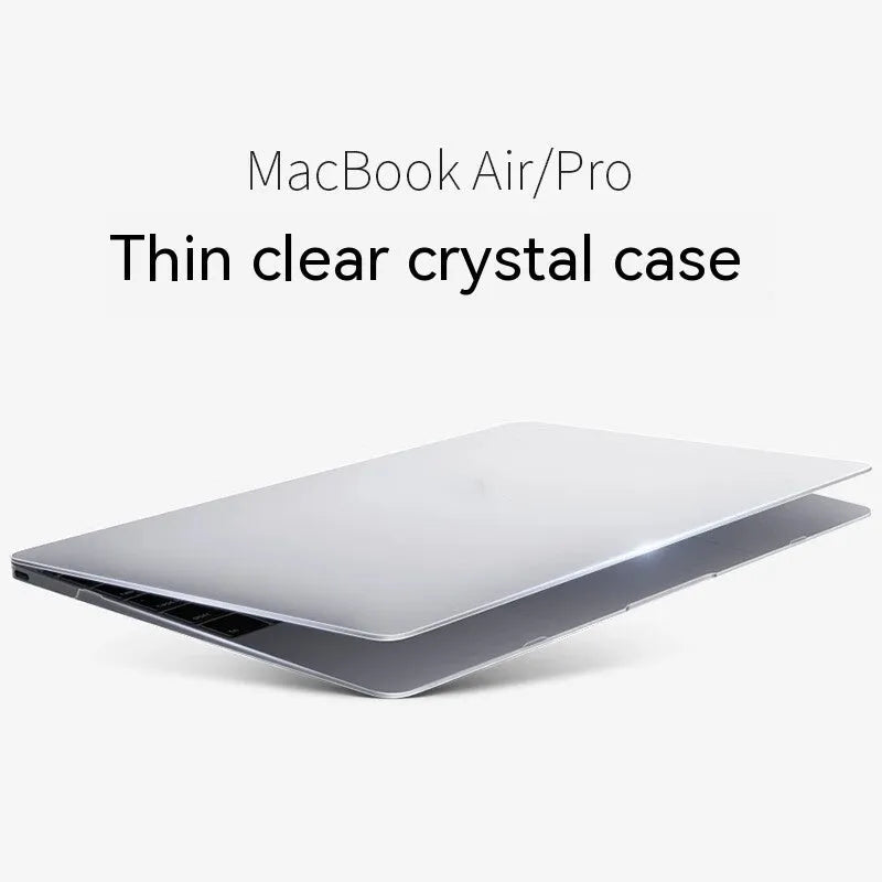 Hard plastic protective case fitted on a silver MacBook Pro laptop, showing clear transparent finish.