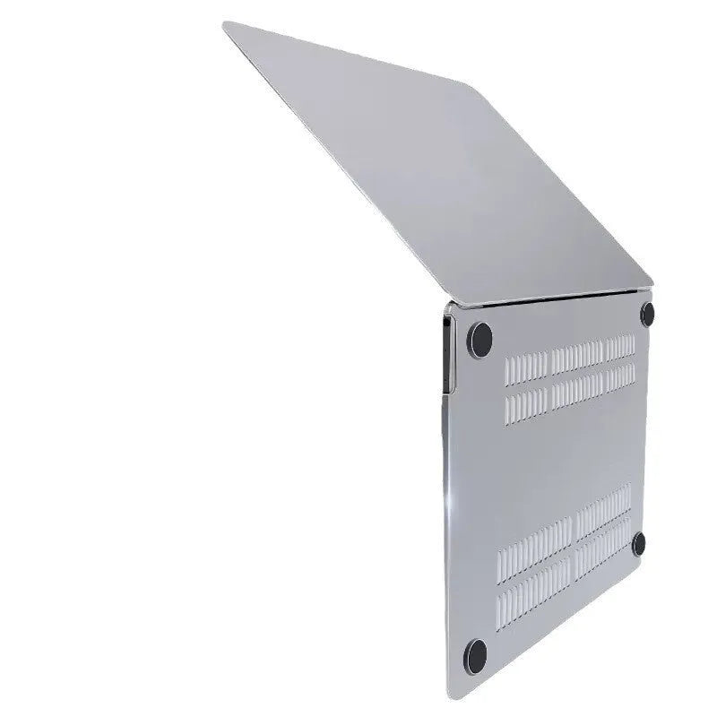 Hard plastic protective case fitted on a silver MacBook Pro laptop, showing clear transparent finish.