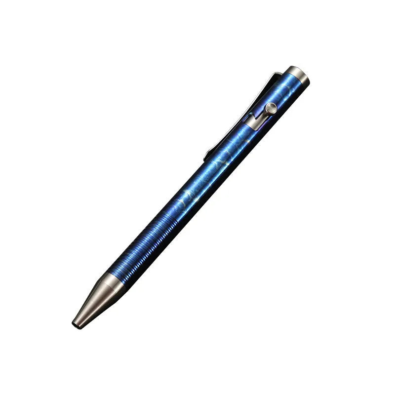 Titanium alloy tactical pen with gun bolt handle in a phantom colour finish.
