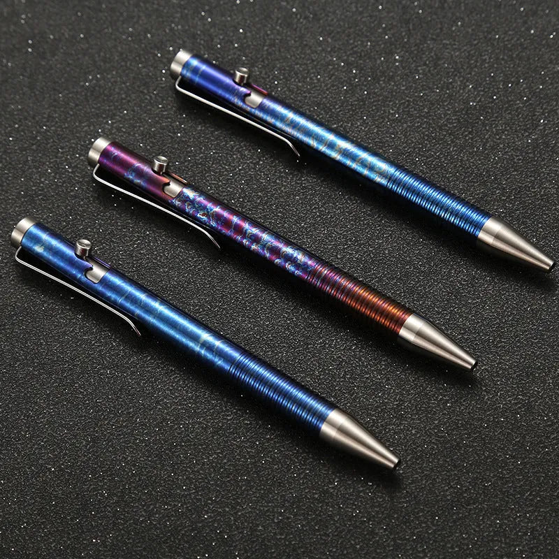 Titanium alloy tactical pen with gun bolt handle in a phantom colour finish.