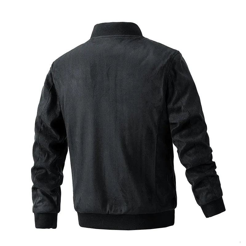 Men's suede stand collar jacket in khaki with double zipper pockets, regular fit, casual autumn coat