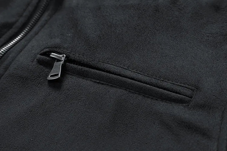 Men's suede stand collar jacket in khaki with double zipper pockets, regular fit, casual autumn coat