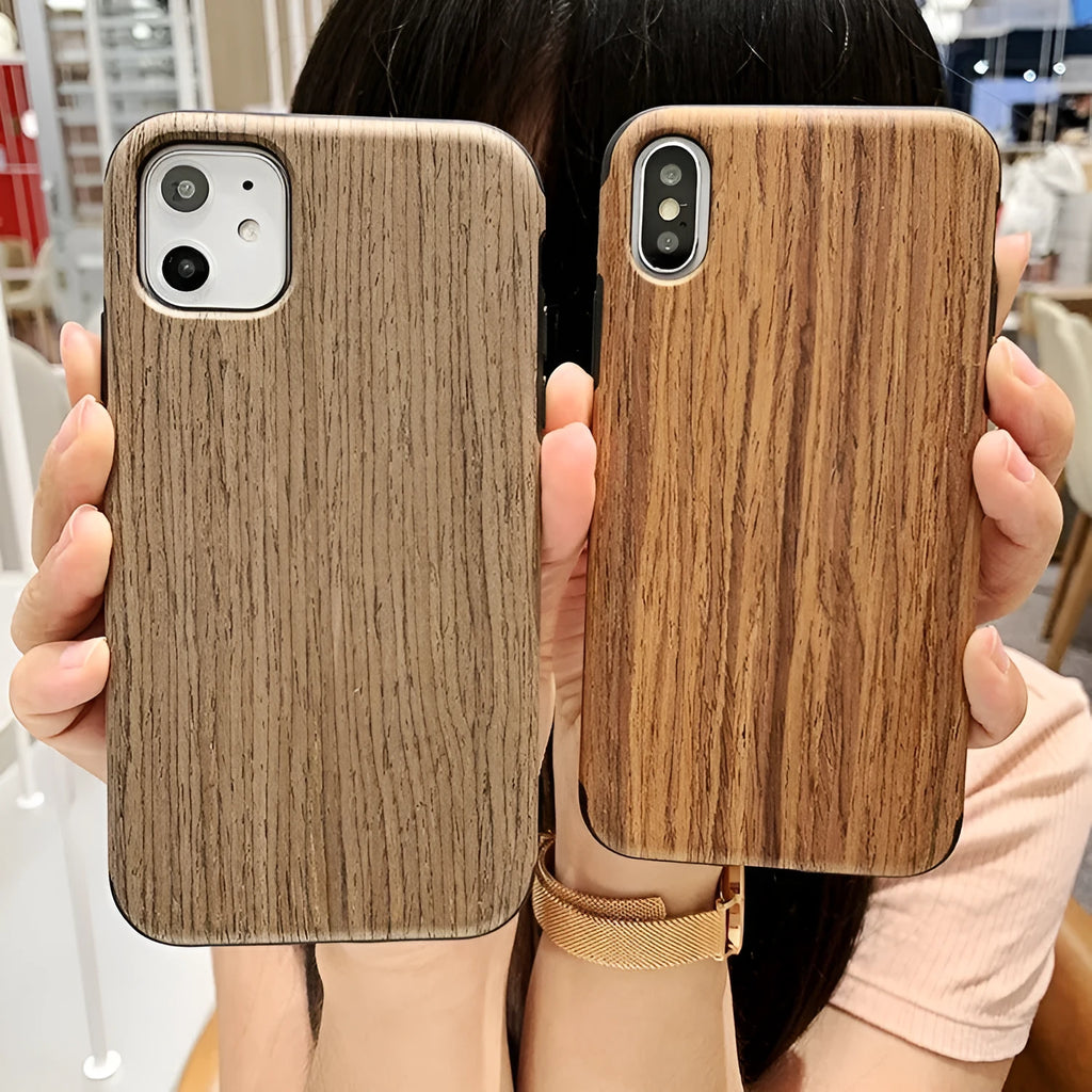 Slim wooden iPhone back cover in natural rosewood, teak, black rose, and walnut finishes