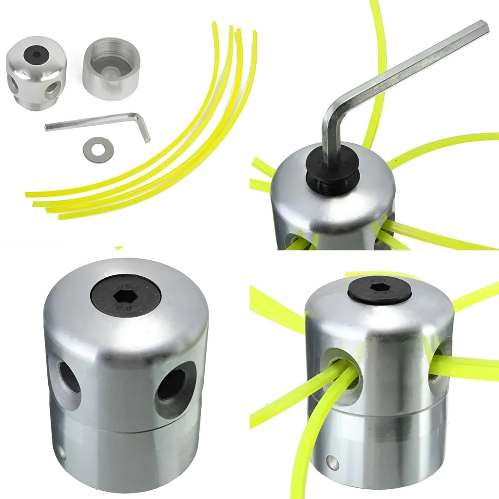 Silver aluminium lawn mower grass head accessory with four light yellow square grass ropes