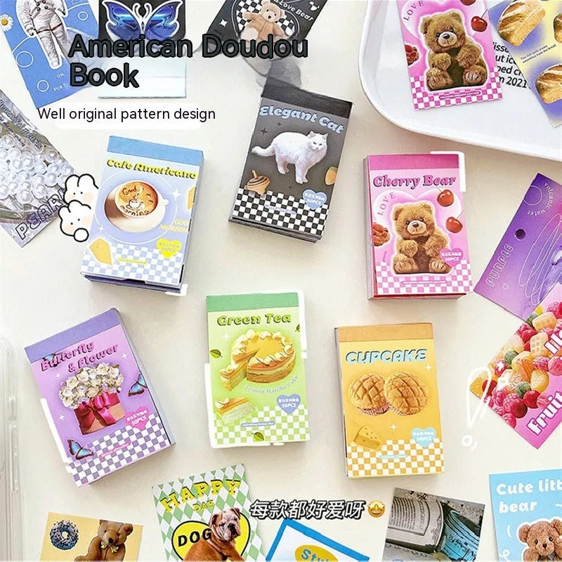 Pack of cartoon mini sticker books with American retro designs in various colours including black, pink, and blue, size 4x6cm