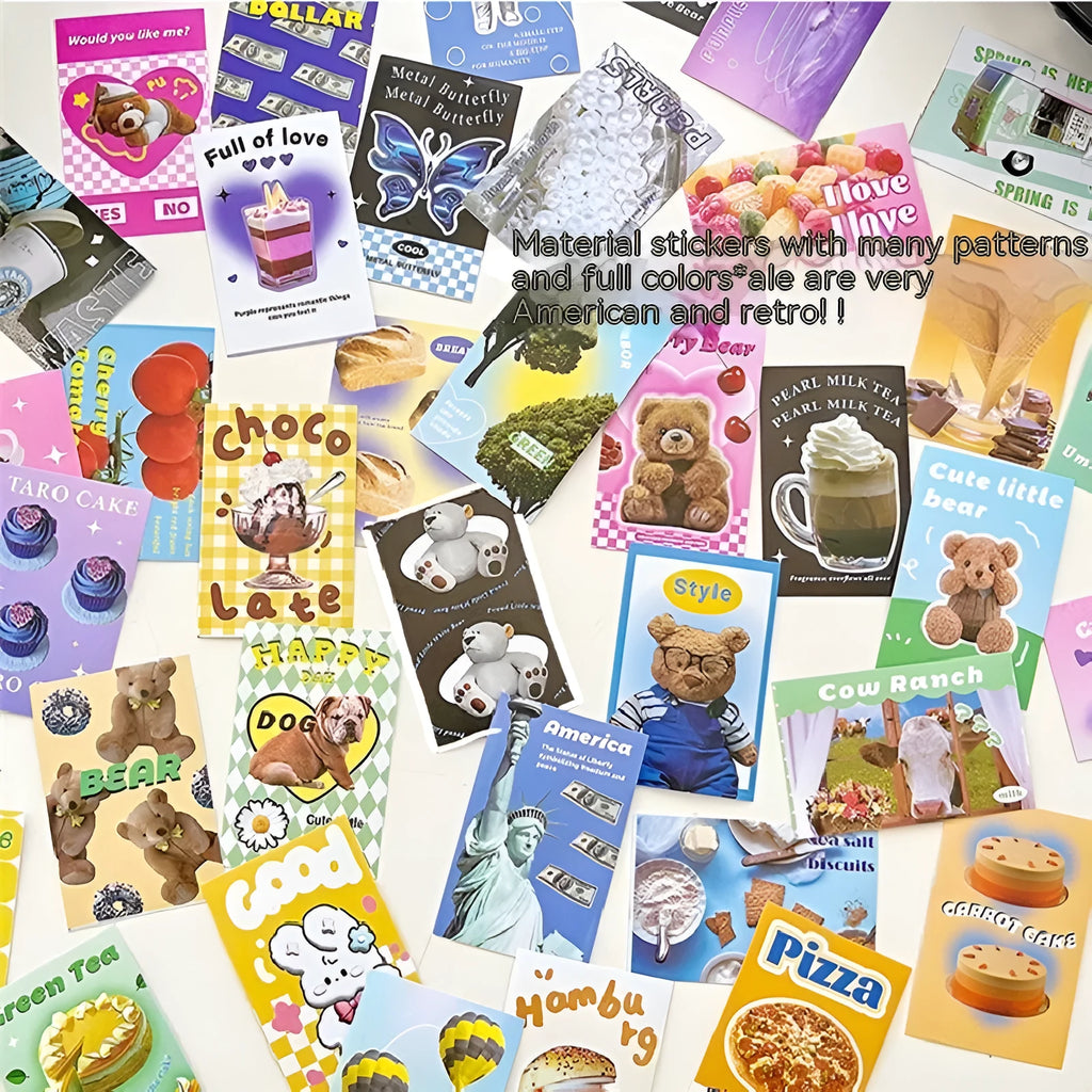 Pack of cartoon mini sticker books with American retro designs in various colours including black, pink, and blue, size 4x6cm