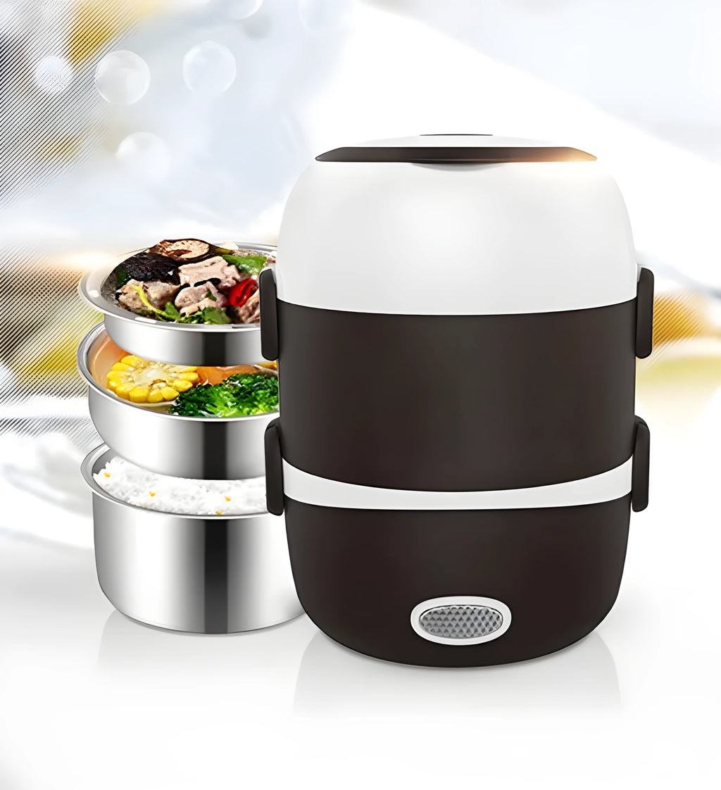 USB-powered portable electric lunch box showing three-layer 2L container with 190mm cubic dimensions