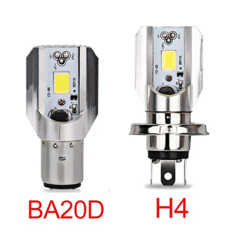 Motorcycle LED headlight unit with aluminium housing, showing connector for BA20D or H4 sockets.