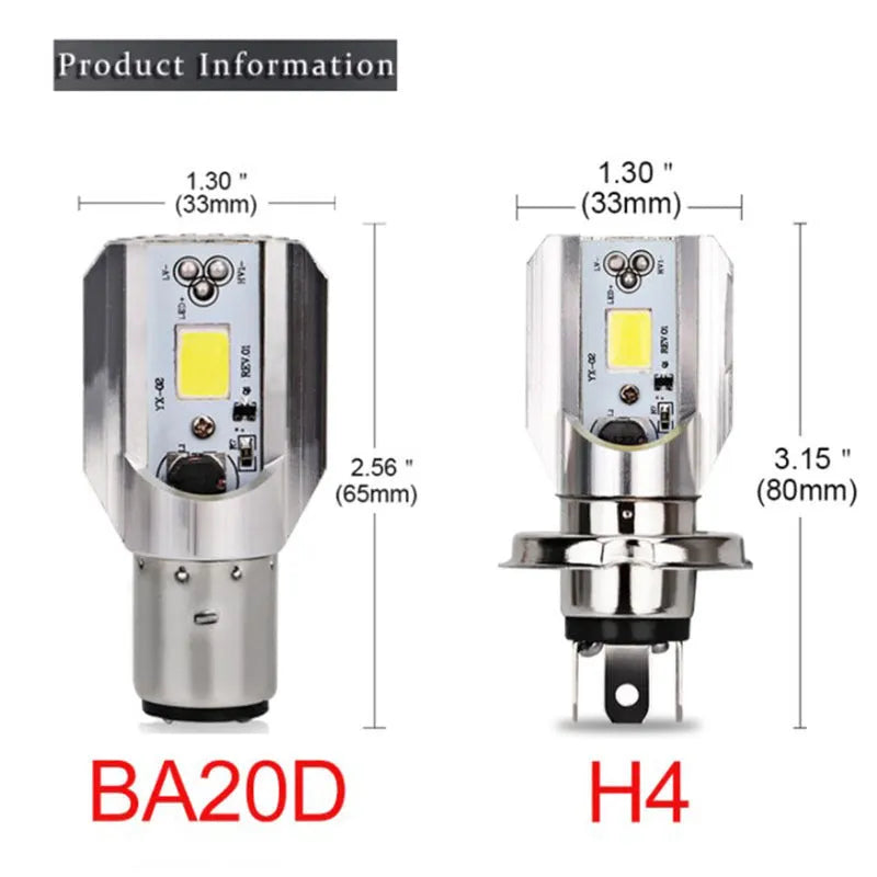 Motorcycle LED headlight unit with aluminium housing, showing connector for BA20D or H4 sockets.