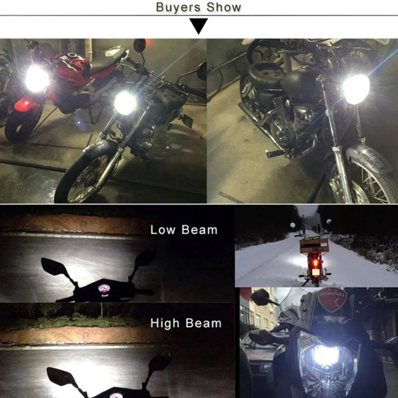 Motorcycle LED headlight unit with aluminium housing, showing connector for BA20D or H4 sockets.
