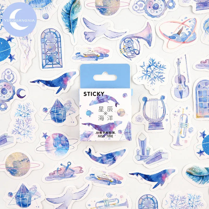 46-piece decorative cartoon sticker pack for journals with small 30x37mm designs in nine colour themes