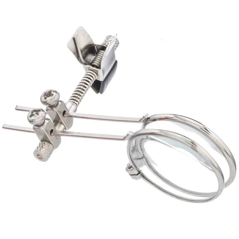 Auxiliary reading glass double clip with metal bracket and glass lenses for clip-on magnification.