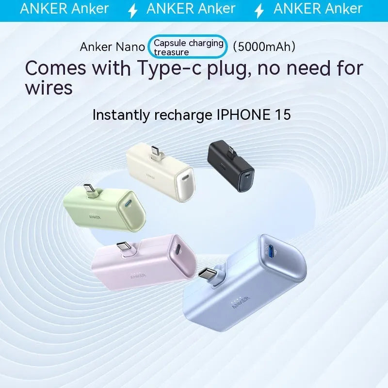 Compact capsule-shaped power bank in various colours with a fold-out USB-C connector.