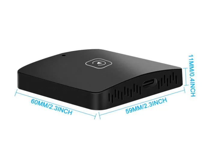 Black wireless CarPlay adapter module with cables for converting wired CarPlay to wireless connectivity