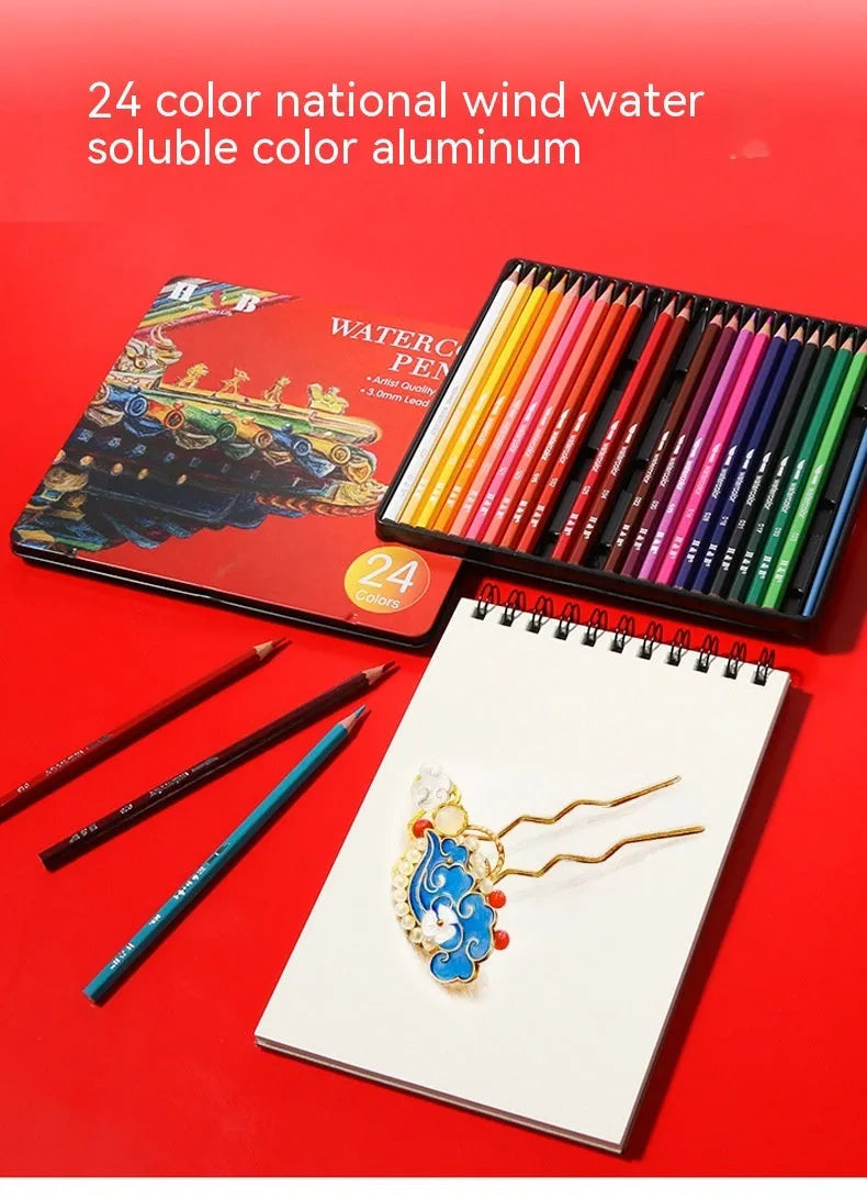Open iron box showing 24 water-soluble coloured pencils in assorted colours.