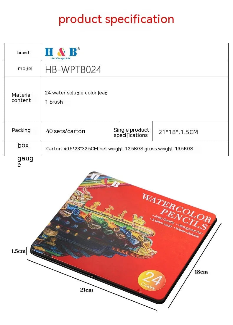 Open iron box showing 24 water-soluble coloured pencils in assorted colours.