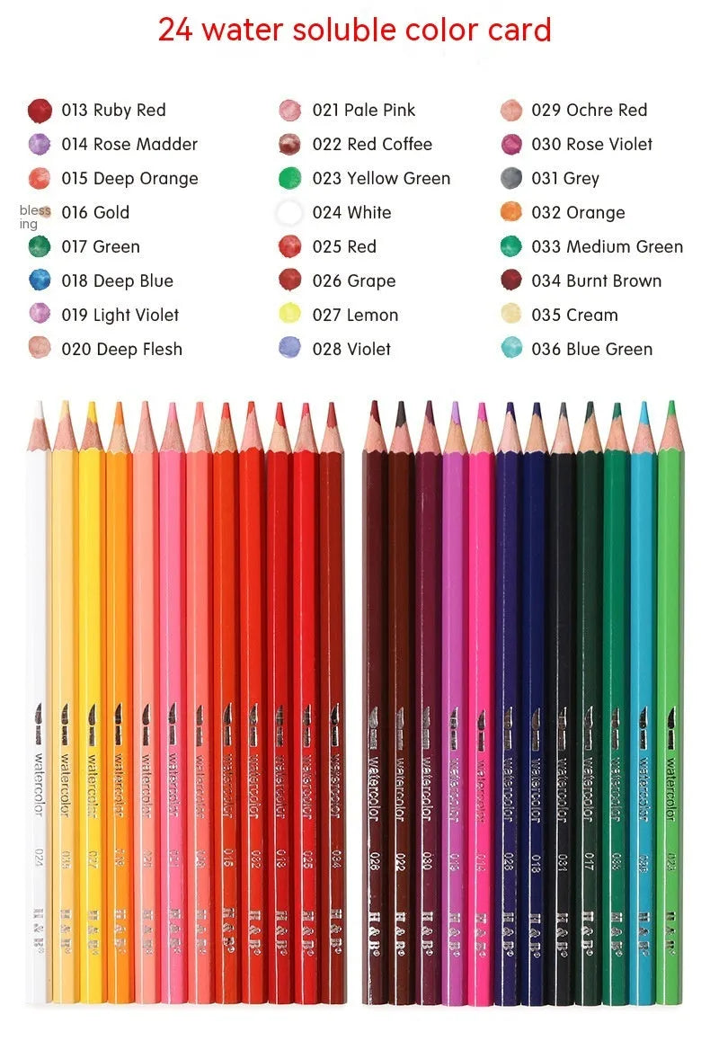 Open iron box showing 24 water-soluble coloured pencils in assorted colours.