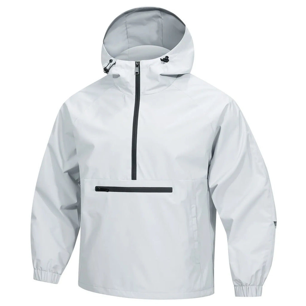 Men's light grey loose half-zip hooded corduroy jacket on a hanger