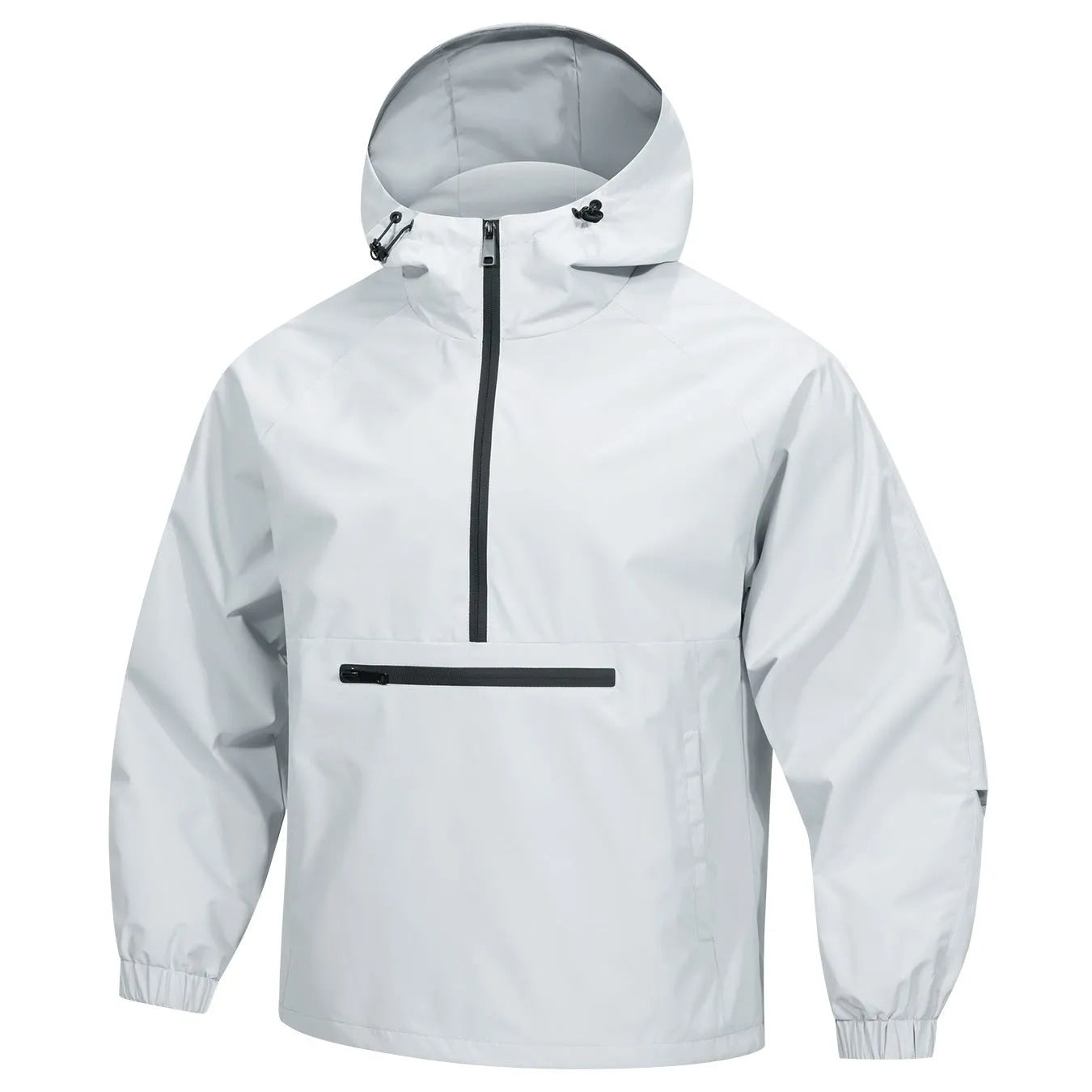 Men's light grey loose half-zip hooded corduroy jacket on a hanger