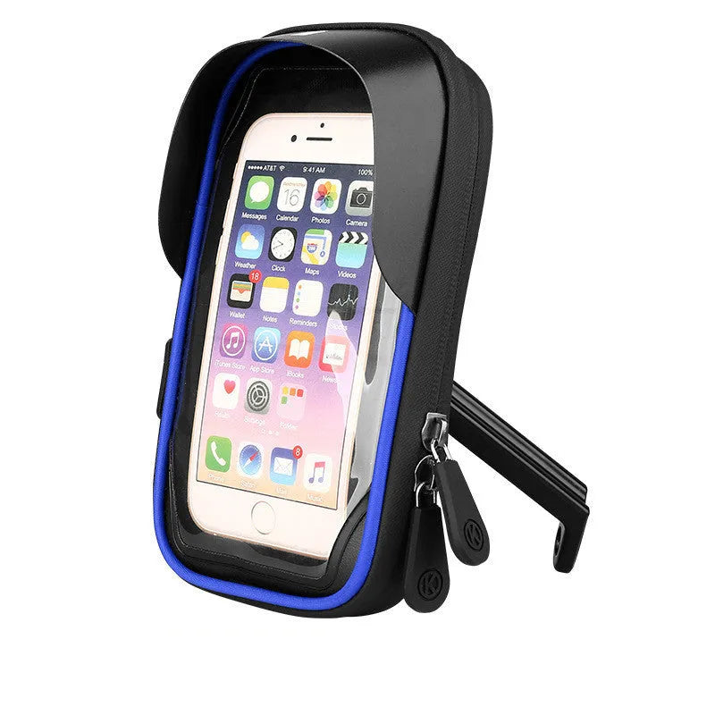 Black TPU mobile phone stand mounted on a bicycle handlebar, showing the waterproof zipper.