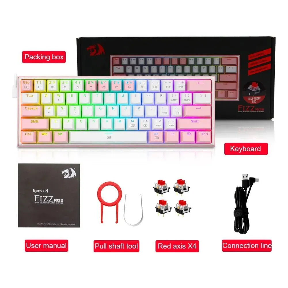 White pink RGB mechanical keyboard with multimedia keys and dual keycap design
