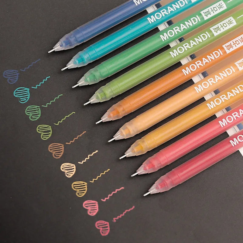 Set of nine retro-style Japanese gel pens with needle tips, shown in a choice of four colour series.