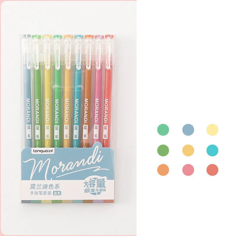 Set of nine retro-style Japanese gel pens with needle tips, shown in a choice of four colour series.