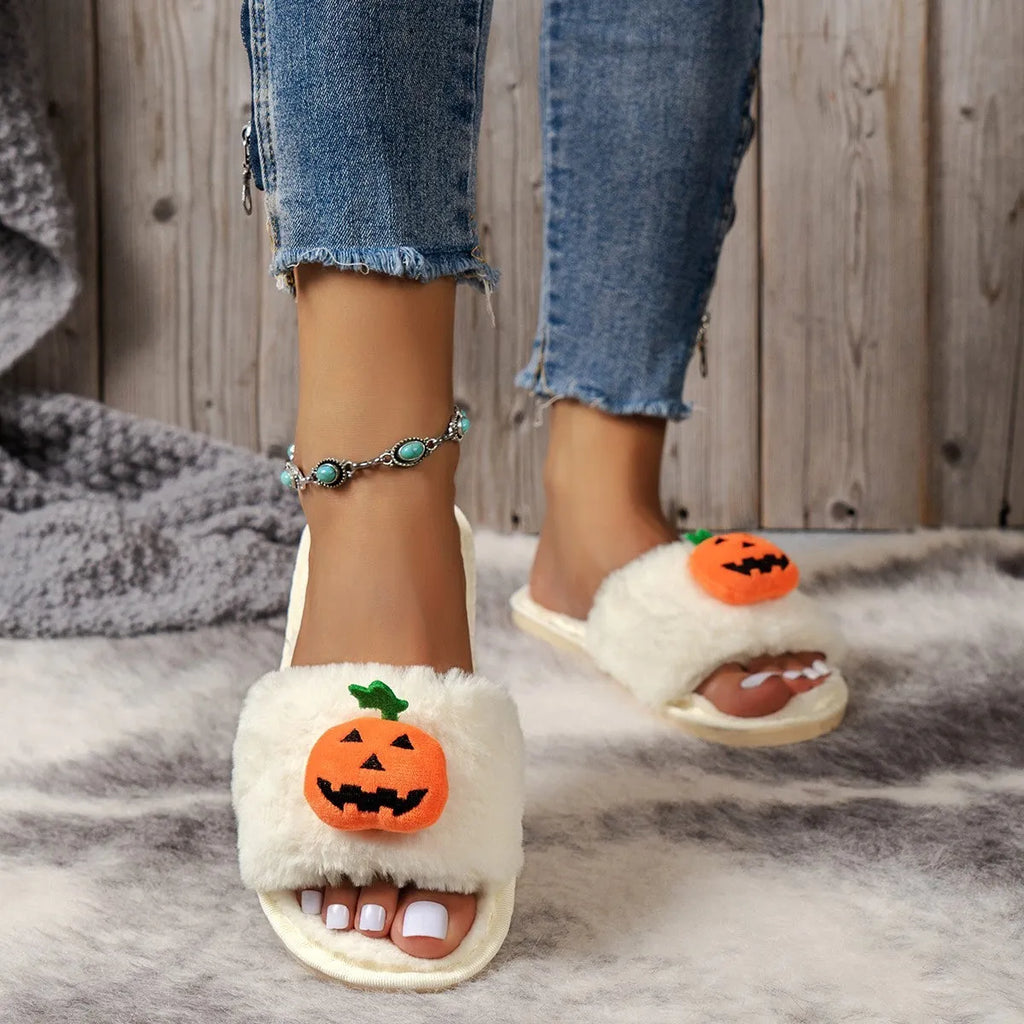 White and yellow Halloween pumpkin cartoon design open-toe plush slippers with synthetic fur.