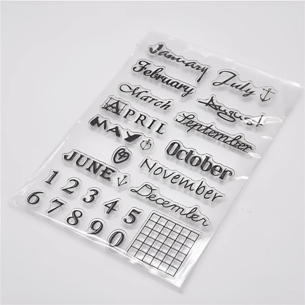 Transparent silicone calendar seal stamp with vintage digital table design for craft projects