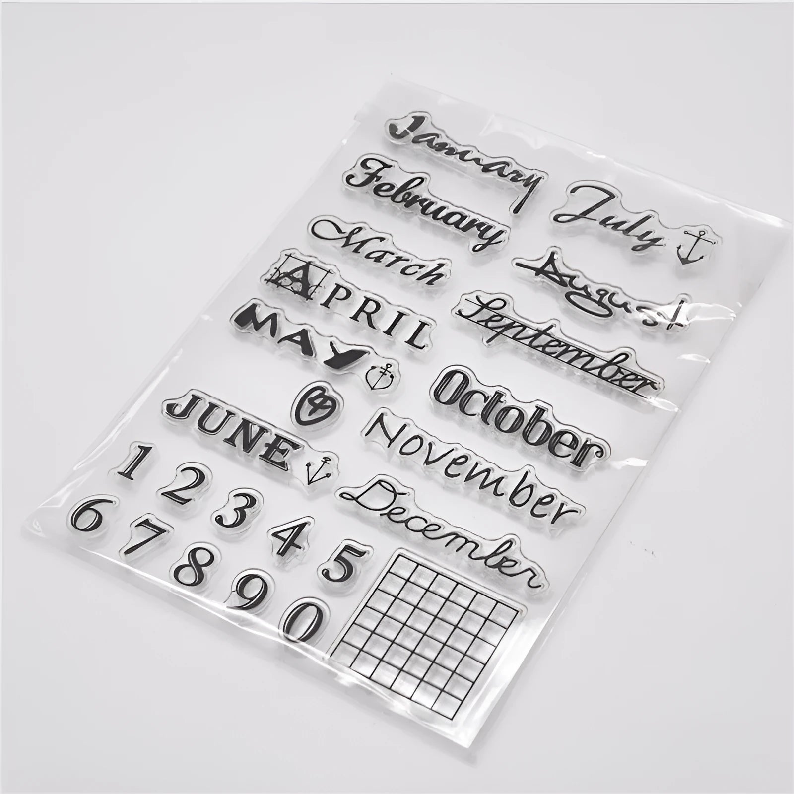 Transparent silicone calendar seal stamp with vintage digital table design for craft projects
