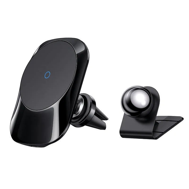 Black magnetic car wireless charger mounted on vehicle air vent with smartphone attached