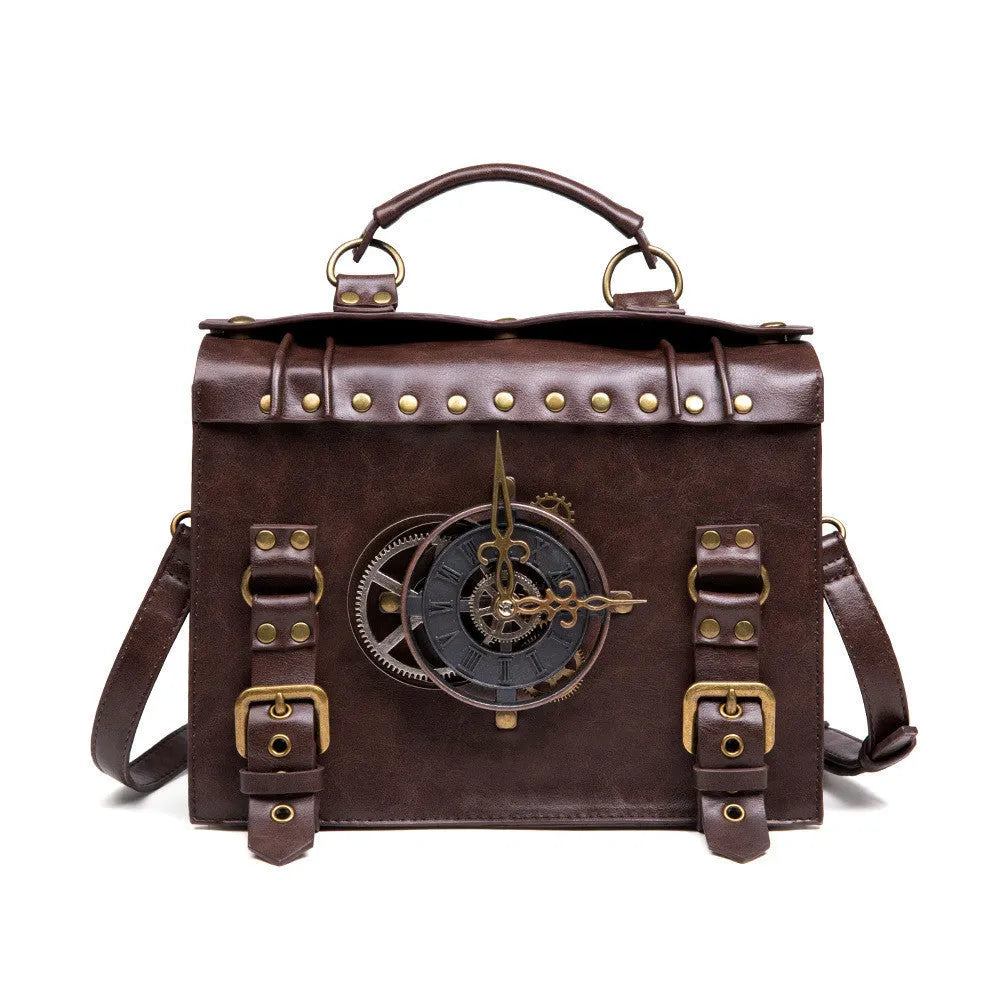 Bronze steampunk industrial retro style shoulder bag showing metal hardware details and pillow bag shape