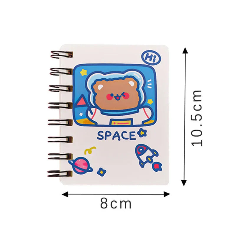 Astronaut themed flipper notebook showing compact 10.5cm by 8cm size with space artwork cover
