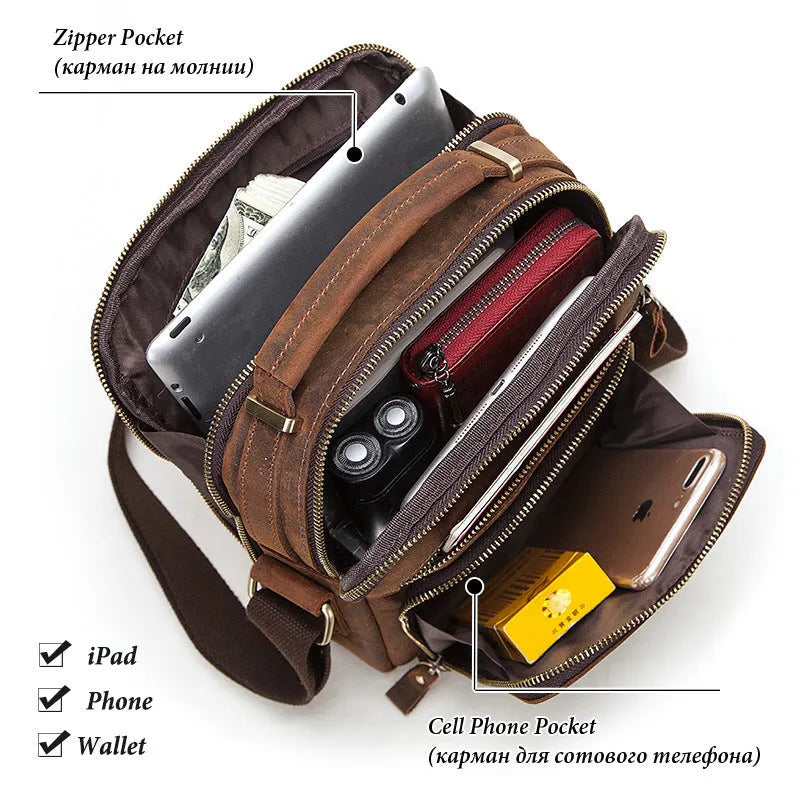 Men's brown Crazy Horse leather crossbody bag with sewing line details and crossbody strap