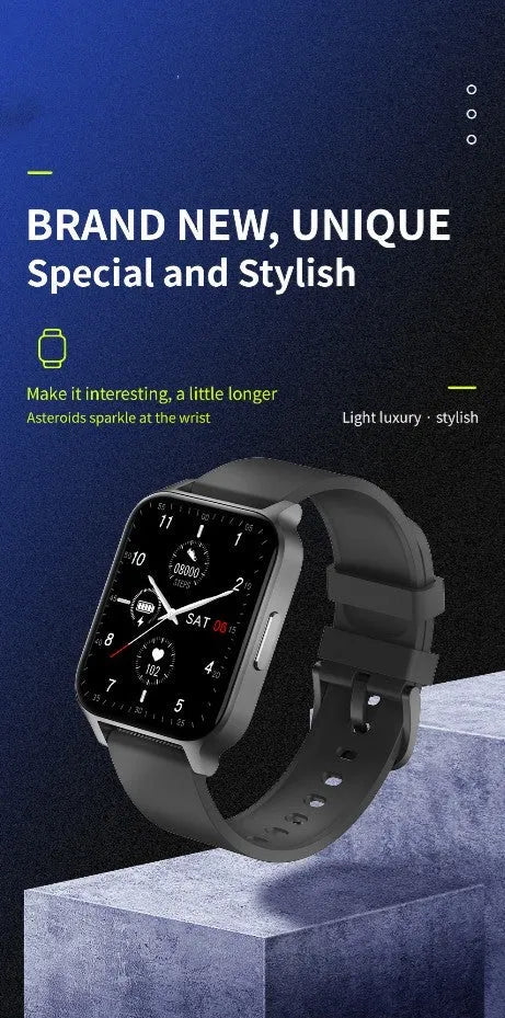 Smart colour screen watch showing health metrics on display, available with black or rose gold mesh and tape straps.