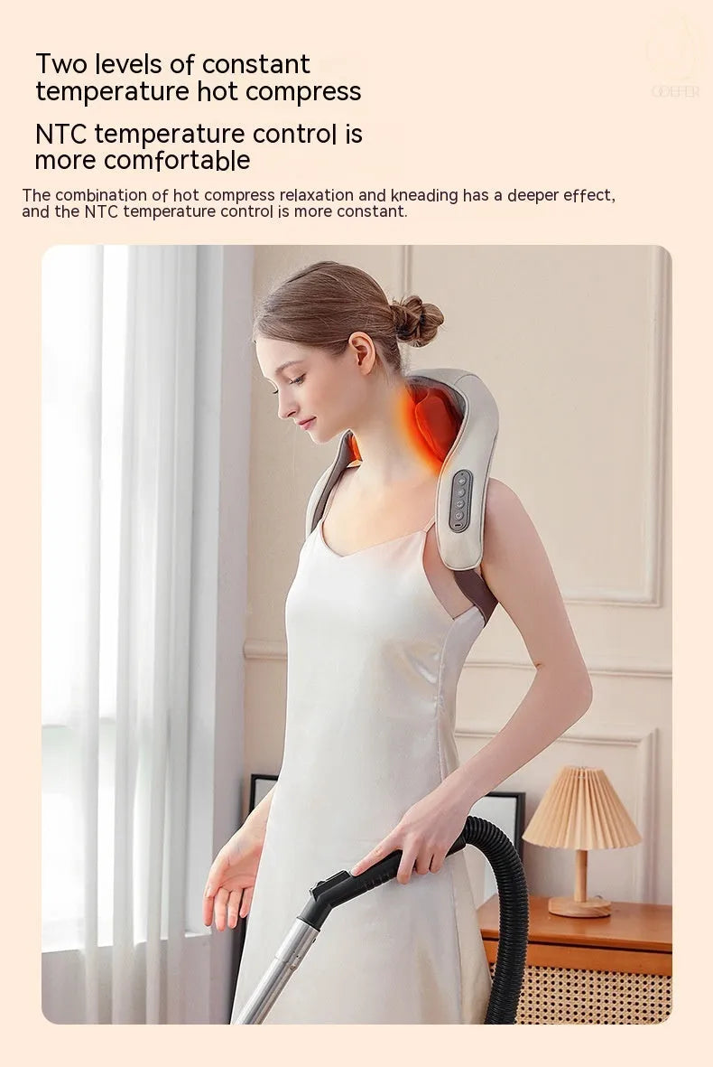 Creamy white rechargeable shoulder and neck massager on a plain background.