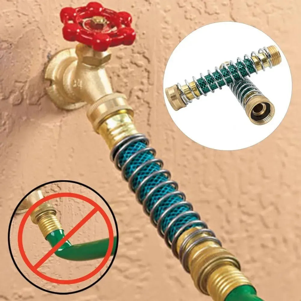 Brass garden hose connector with spring mechanism for preventing kinks
