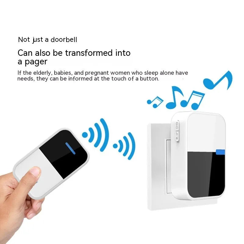 White plastic wireless doorbell receiver and self-generating button on a white background.