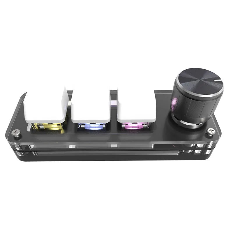 Black programmable mini keyboard with RGB backlit keys showing copy and paste shortcuts