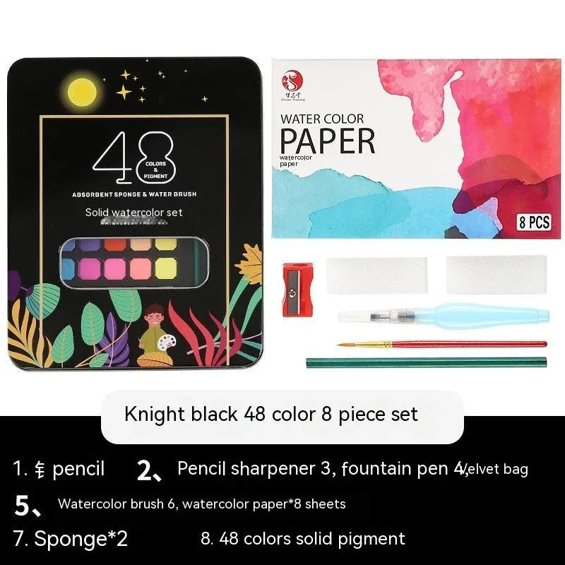 Box of 48 solid watercolour paints in various colours including black, pink, and blue.