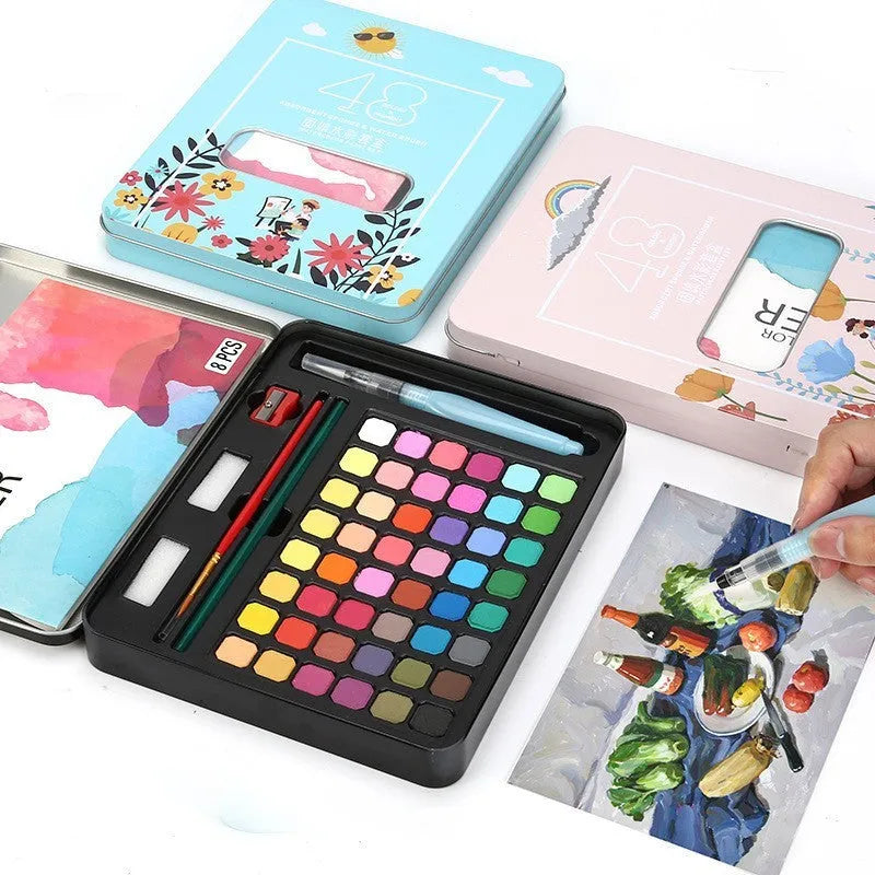 Box of 48 solid watercolour paints in various colours including black, pink, and blue.