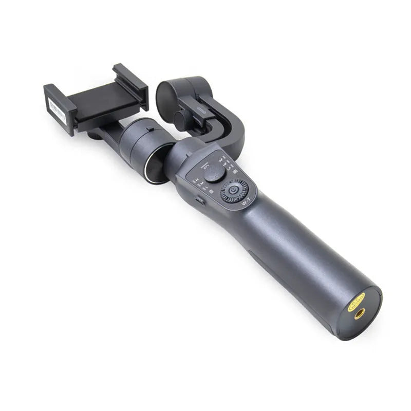 Black three-axis handheld gimbal stabilizer for mobile phones showing PTZ mechanism.