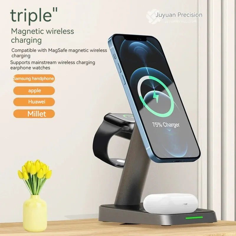 Black minimalist wireless charging station with vertical phone charging and integrated power bank